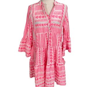 Sumitra Dress Women OSFA Neon Pink Geometric Peasant Boho Tier Resort Kaftan